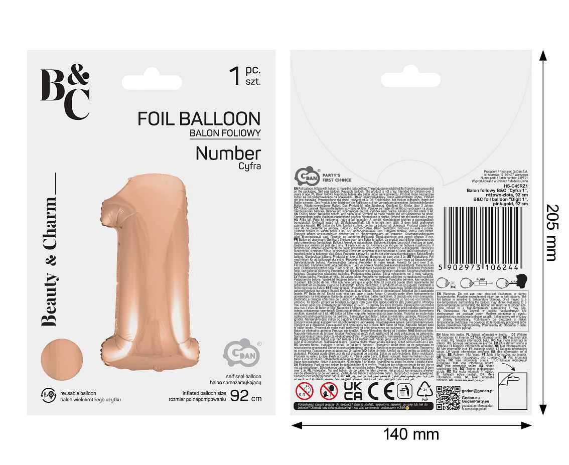 Foil balloon No 1, pink-gold, 92 cm